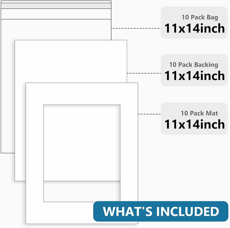 Somime 10 Pack White Photo Mats 11x14 for 8x10 with Core Bevel Cut Matte Sets, Acid Free Mat Board for Picture Frame, Photos, 11x14 Mat - Includes Pre-Cut Mats, Backing Boards and Clear Seal Bags - Image 2
